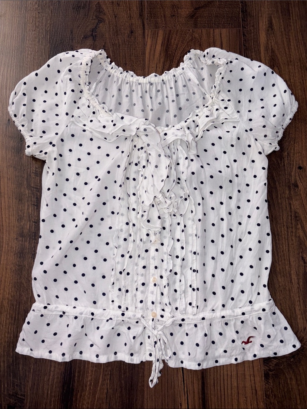 Hollister White with Navy Polka Dot Ruffle Tie Blouse